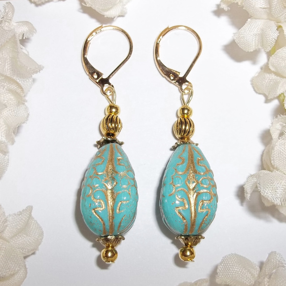 wvluckygirl Jewelry - Earrings, Turquoise Earrings, Turquoise Blue and Gold Earrings, Earring Set 7768